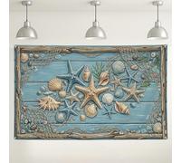 Toile de fond de plage côtière, coquillages nautiques, étoiles de mer, océan, arrière-plan bleu vintage pour photographie d'été événements de fête 180 x 109 cm