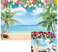 Toile de fond de plage hawaïenne d'été - Fleur tropicale - Palmier océan - Plage - Fond pour photographie hawaïenne Aloha - Décoration sur le thème du Tiki - 2,1 x 1,5 m