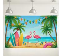 Toile de fond de plage tropicale, oiseaux tropicaux colorés et planches de surf, fond de scène océanique d'été pour photographie événements et célébrations 180 x 109 cm
