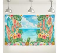 Toile de fond de plage tropicale, planche de surf florale colorée, décorations de fête, arrière-plan d'été pour photographie d'événement, 180 x 109 cm