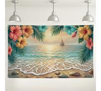 Toile de fond de plage tropicale - Scène florale de l'océan - Plantes d'hibiscus colorées pour décorations de fête d'été - Thème côtier - Fournitures d'événement intérieur/extérieur - 180 x 109 cm