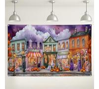 Toile de fond de village sur le thème d'Halloween, décorations de scène de rue effrayante, parfaite pour la photographie de fête, les fournitures d'événements saisonniers d'automne, 180 x 109 cm