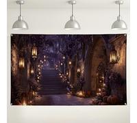 Toile de fond d'escalier de jardin enchanté, décorations de fête d'automne vintage florales, arrière-plan photo confortable intérieur/extérieur pour Halloween ou événements d'automne, 180 x 109 cm