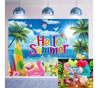 Toile de fond d'été hawaïenne de 2,1 x 1,5 m, bannière « Hello Summer Beach Pool » pour photographie, plage tropicale, décorations de fête hawaïenne, accessoires photo