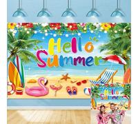 Toile de fond d'été hawaïenne pour photographie de plage Hello Summer Tropical Ciel bleu plage surf Décorations de fête Accessoires photo (210 x 150 cm)
