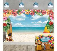 Toile de fond d'été Hawaii - 2,1 x 1,5 m - Aloha - Fleur de palmier tropicale - Ciel bleu océan - Planche de surf hawaïenne - Photographie de fond hawaïenne - Décoration de fête d'anniversaire - Luau - Photographie Tiki