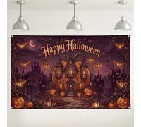 Toile de fond d'Halloween avec citrouilles hantées 180 x 109 cm | Château gothique esthétique, toile de fond pour photographie, accents de lanterne lumineuse, vignes d'automne tentaculaires