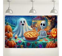 Toile de fond d'Halloween fantôme citrouille, squelette mignon et tarte, décorations de fête d'automne, fond coloré d'automne pour événements photographiques 180 x 109 cm