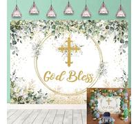 Toile de Fond Dieu bénisse Vert et Or Première Communion Baptême Contexte de Fête pour Garçons et Filles Fond de Photographie de Douche de Bébé Nouveau-né (210 x 150 cm)