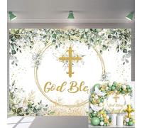 Toile de Fond Dieu bénisse Vert et Or Première Communion Baptême Contexte de Fête pour Garçons et Filles Fond de Photographie de Douche de Bébé Nouveau-né (240 x 180 cm)