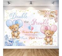 Toile de fond « Double The Trouble Twice The Fun We are Having » de 1,5 x 0,9 m - Motif ours bleu et rose - Décoration pour fête prénatale - Accessoires de photomaton