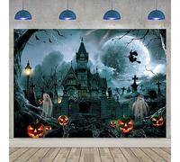 Toile de Fond effrayante pour Halloween château de Nuit Sombre, Toile de Fond Horrible Citrouille fantôme sorcière cimetière Fond de Photographie décoration de fête d'halloween 240 x 180 cm