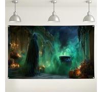 Toile de fond effrayante pour Halloween, chaudron de sorcière, décoration de fête, vert foncé, arrière-plan photo intérieur/extérieur pour événements d'Halloween, 180 x 109 cm