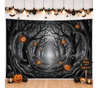 Toile de fond effrayante pour Halloween Motif citrouilles 180,3 x 109,2 cm | Chemin de forêt gothique, toile de fond pour photo, lanternes à suspendre, scène boisée effrayante, décoration d'ambiance