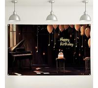 Toile de fond élégante pour anniversaire avec piano - Décorations de fête sur le thème musical - Ballons dorés - Fond de célébration d'intérieur pour événements photographiques - 180 x 109 cm