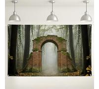 Toile de fond en forme d'arche de brique de forêt mystique, fond vintage pour photographie de nature, scène décorative verte et marron pour événements intérieur/extérieur, thème automne 180 x 109 cm