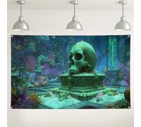Toile de fond en forme de crâne sous-marin, décoration fantaisie de récif corallien coloré, parfaite pour les fêtes d'Halloween, les événements sur le thème de l'océan 180 x 109 cm