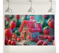 Toile de fond en forme de maison de fraises, design fantaisie, décoration de fête, idéale pour la photographie, la célébration du printemps, les fêtes d'anniversaire d'enfants, 180 x 109 cm