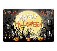 Toile de fond en polyester Happy Halloween 1,5 x 0,9 m - Motif pleine lune et crâne pour photomaton de fête