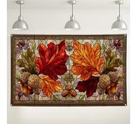 Toile de fond en vitrail avec feuilles d'automne, art mural décoratif de la nature d'automne, arrière-plan rustique pour photographie de vacances pour fêtes de Thanksgiving 180 x 109 cm