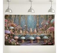Toile de fond fantaisie, champignon floral, décorations de fête sur le thème du jardin enchanté, fond magique intérieur/extérieur pour photographie d'anniversaire 180 x 109 cm