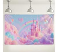 Toile de fond fantaisie château arc-en-ciel, ballons colorés, décorations de fête mignonnes pour intérieur/extérieur pour photographie d'anniversaire d'enfants, 180 x 109 cm