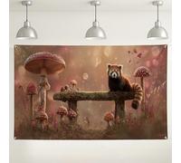 Toile de fond fantaisie forêt de panda rouge, joli champignon pour photographie, scène naturelle enchantée pour fêtes et événements, décoration saisonnière d'automne 180 x 109 cm