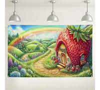 Toile de fond fantaisie maison de fraises, décoration de paysage coloré et fantaisie, arrière-plan photo extérieur mignon pour fêtes d'enfants, art printemps/automne pour célébrations d'anniversaire