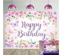 Toile de fond florale « Happy Birthday » - 2,1 x 1,5 m - Violet - Aquarelle - Papillons et fleurs - Décoration anniversaire