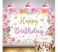 Toile de fond florale « Happy Birthday » pour filles - 2,1 x 1,5 m - Aquarelle rose - Papillons - Pour photographie - Décorations de fête d'anniversaire - Accessoires photo