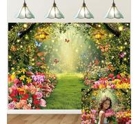 Toile de fond forêt enchantée vert printemps papillon fleur photographie fond princesse fée thé fête d'anniversaire gâteau décoration bannière (240 x 180 cm)