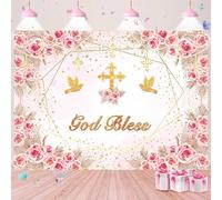 Toile de fond « God Bless » pour fille, première communion, baptême, fleur rose, croix dieu, thème bohème, bénédiction, pour photographie, baptême, fête prénatale, bannière, 20,3 x 1,8 m (239,8 x