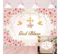 Toile de fond « God Bless » pour fille, première communion, baptême, fleur rose, croix dieu, thème bohème, bénédiction, pour photographie, baptême, fête prénatale, bannière, 208,3 x 150 cm