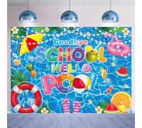 Toile de fond « Goodbye School Hello Pool » de 2,4 x 1,8 m pour l'école pour l'été 2024 - Décorations de fête de fin d'année - Fournitures de vacances d'été, plage, piscine, accessoires photo
