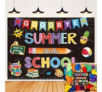 Toile de fond « Goodbye Summer Hello School » pour premier jour d'école - Toile de fond pour photographie de fête pour enseignants, étudiants, salle de classe, décoration de fête (240 x 180 cm)