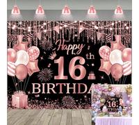 Toile de fond « Happy 16th Birthday » pour fille - Or rose - Pour photographie de 16 18 ans - Décoration de fête d'anniversaire (1,8 x 1,2 m)