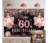 Toile de fond « Happy 60th Birthday » - Toile de fond à paillettes noires et or rose pour photographie d'anniversaire pour femme - Fournitures de décoration de fête - 1,8 x 1,2 m