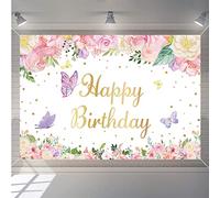 Toile de Fond « Happy Birthday » - Décoration de fête d'anniversaire pour Fille - en Tissu - Motif Floral et Papillon - 1er 2ème 3ème 4ème 5ème 6ème 10ème Anniversaire