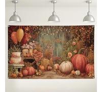 Toile de fond « Happy Birthday Fall », décorations d'automne rustiques avec citrouilles, éléments floraux pour fête, Thanksgiving, intérieur/extérieur, 180 x 109 cm