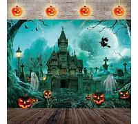 Toile de Fond Happy Halloween Château fantôme Lanterne Citrouille Fond de Photographie Halloween Nuit Château arrière Horreur Lune Cimetière Décorations de fête Bannière 210 x 150 cm