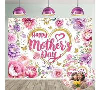Toile de fond « Happy Mother's Day » - 2,1 x 1,5 m - Cœur doré et fleurs roses - Décoration pour la fête des mères - Bannière décorative - Accessoires photo