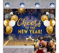 Toile de fond « Happy New Year » 2,1 x 1,5 m, bleu roi, doré, paillettes, feux d'artifice, champagne, arrière-plan pour photographie « Cheers to The New Year » pour fournitures de fête Hello 2026 NYE