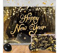 Toile de fond « Happy New Year 2025 » - Décoration de fête du Nouvel An - Bannière à paillettes noires et dorées - Toile de fond « Happy New Year » - Fournitures de fête du Nouvel An 2025 -