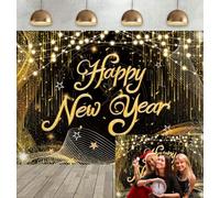 Toile de fond « Happy New Year 2025 » - Décoration de fête du Nouvel An - Bannière à paillettes noires et dorées - Toile de fond « Happy New Year » - Fournitures de fête du Nouvel An 2025 -