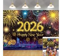 Toile de fond « Happy New Year » 2026 - Feux d'artifice - Décoration de fête - Accessoires de photomaton de famille (2,1 x 1,5 m)