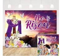 Toile de fond « He is Risen Happy Easter » pour photographie Résurrection Moutain Bannière Printemps Pâques Accessoires photo (2,1 x 1,5 m)