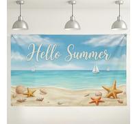 Toile de fond Hello Summer Beach - Vagues de l'océan - Décoration nautique - Bleu côtier et sable - Fond de photographie pour fêtes et événements d'été - 180 x 109 cm