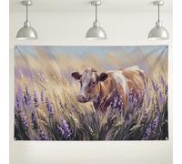 Toile de fond impressionniste rustique de vache et lavande 180 x 109 cm | Paysage de champ de lavande, toile de fond pour photo, blé doré, style rustique de ferme, scène de prairie paisible