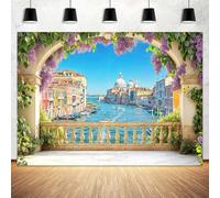 Toile de fond italienne de 1,8 x 1,2 m - Paysage de ville côtière - Fleurs - Colonnes romaines - Toile de fond pour photographie de vacances - Bannière de voyage - Décoration pour fête - Accessoires
