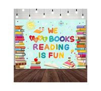Toile de fond « Journée de la lecture » 2,1 x 1,5 m - Nous aimons les livres, lire c'est amusant ! Idéale pour les enfants, les élèves, les